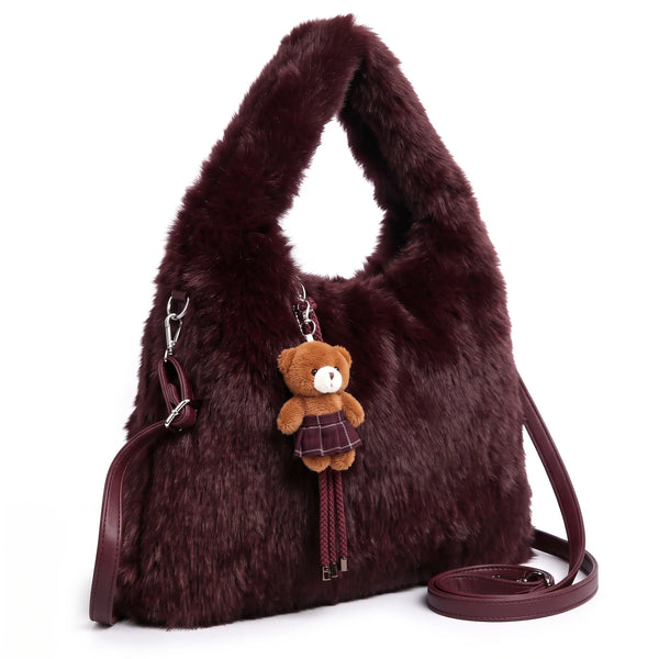 Shopper pelosa in pelliccia sintetica H529, colore bordeaux, vista su sfondo bianco