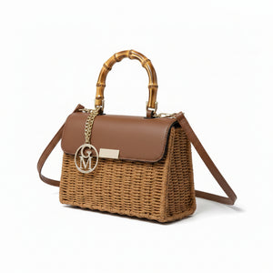 La Casciola - Borsa Bauletto Donna In Paglia Rigida con Tracolla Borsetta Estiva a Mano legno manico bambu bamboo