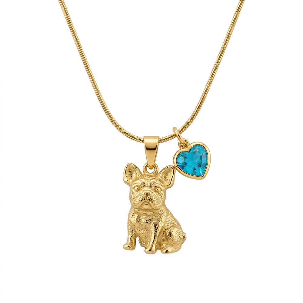 Cuore Peloso - Collana Oro con Ciondolo Cane Bulldog Francese e Cuore Azzurro