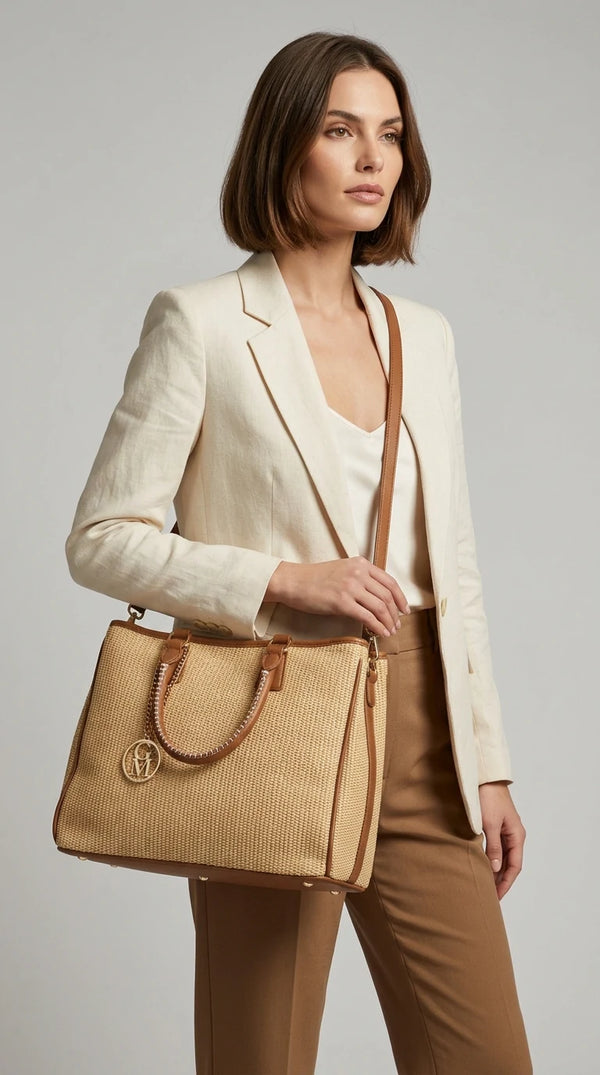 Luna - Borsa shopping spalla paglia effetto raffia sintetica intrecciata simil pelle grande tracolla