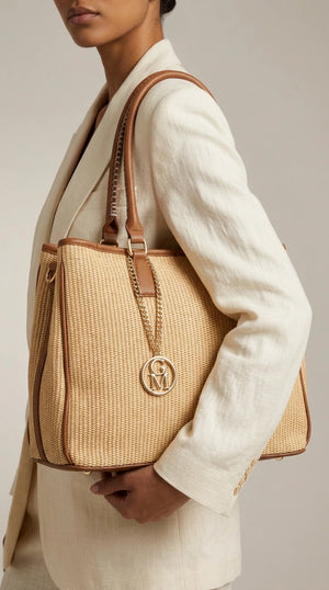 Luna - Borsa shopping spalla paglia effetto raffia sintetica intrecciata simil pelle grande tracolla