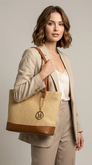 Ambra - Borsa shopping spalla paglia effetto raffia sintetica intrecciata simil pelle grande