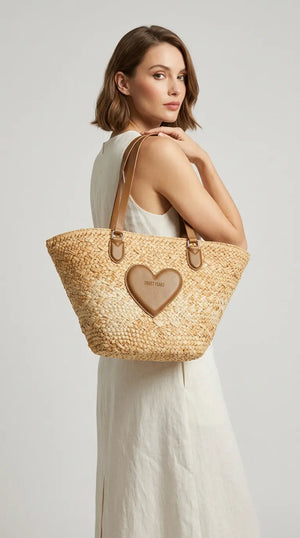 Sweet Years - Borsa shopping spalla paglia carta intrecciata simil pelle cuore capiente mare