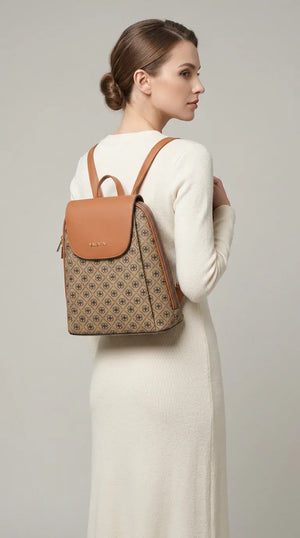 Valentini Gino - Zainetto zaino donna fantasia logata logo vintage simil pelle rigida multitasche passeggio