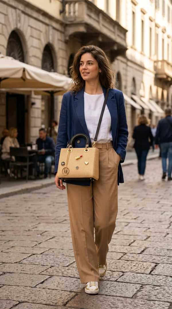 Iconica - Borsa bauletto spalla paglia effetto raffia sintetica tracolla simil pelle