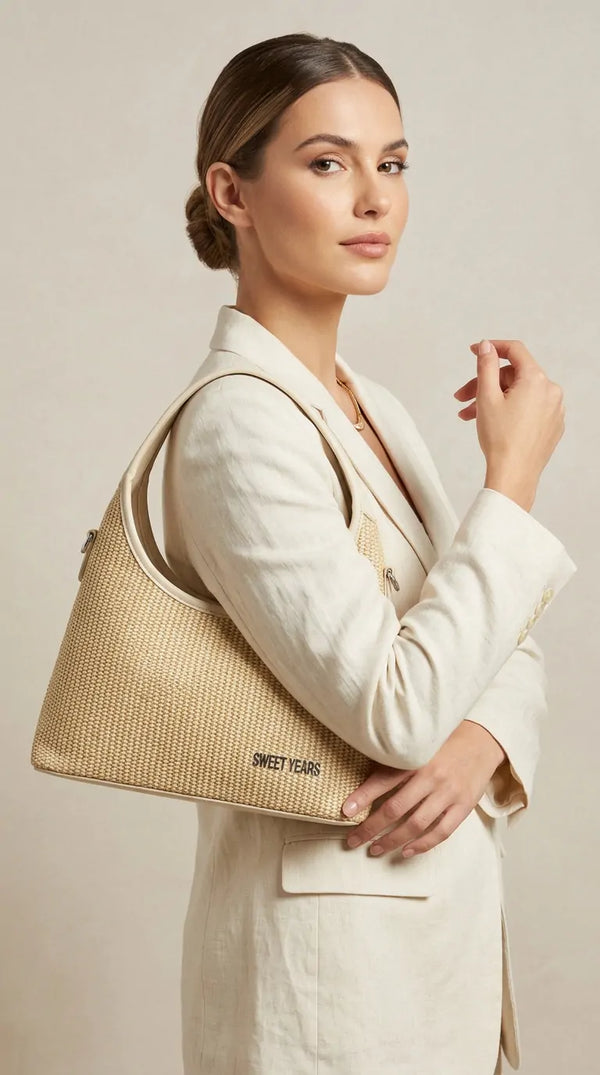 Sweet Years - Borsa mezzaluna hobo spalla paglia effetto raffia sintetica intrecciata simil pelle
