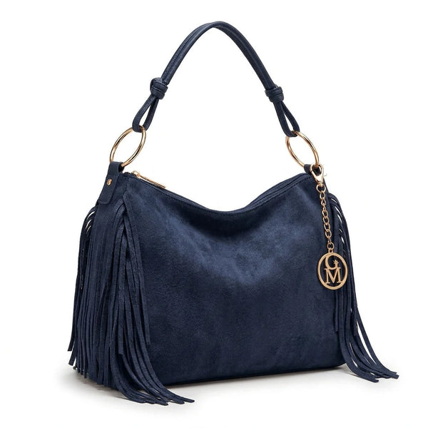 Carmela - Borsa mono manico frange piccola unica tinta simil pelle camoscio scamosciata frange