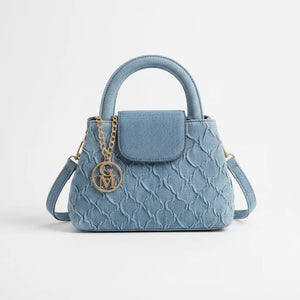 Azzurra - Borsa a Mano tracolla in Jeans Denim Lavorato con Tracolla e Ciondolo