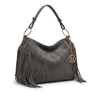 Carmela - Borsa mono manico frange piccola unica tinta simil pelle camoscio scamosciata frange