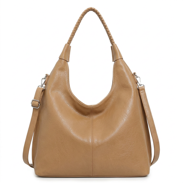 Borsa donna arrotondata con manici intrecciati e tracolla con nodo monomanico