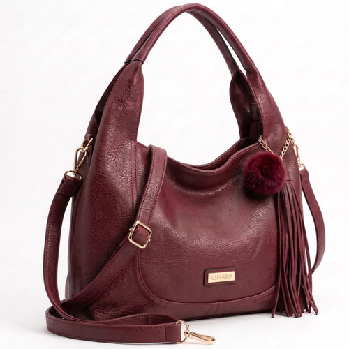 CHARRO - Borsa a Spalla Donna simil Pelle sacco con pon pon con tracolla capiente