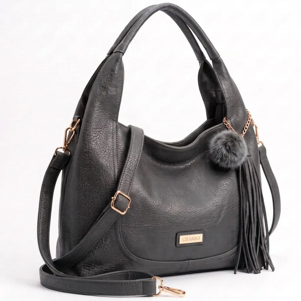 CHARRO - Borsa a Spalla Donna simil Pelle sacco con pon pon con tracolla capiente