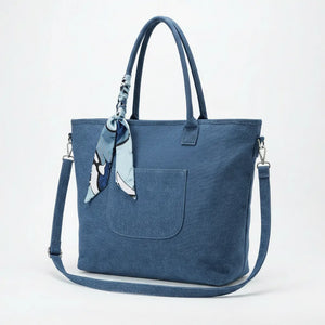 Valerya - Borsa Shopper Grande in Tela Denim Azzurra con Foulard e Tracolla