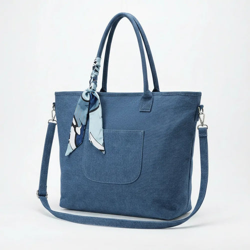 Valerya - Borsa Shopper Grande in Tela Denim Azzurra con Foulard e Tracolla