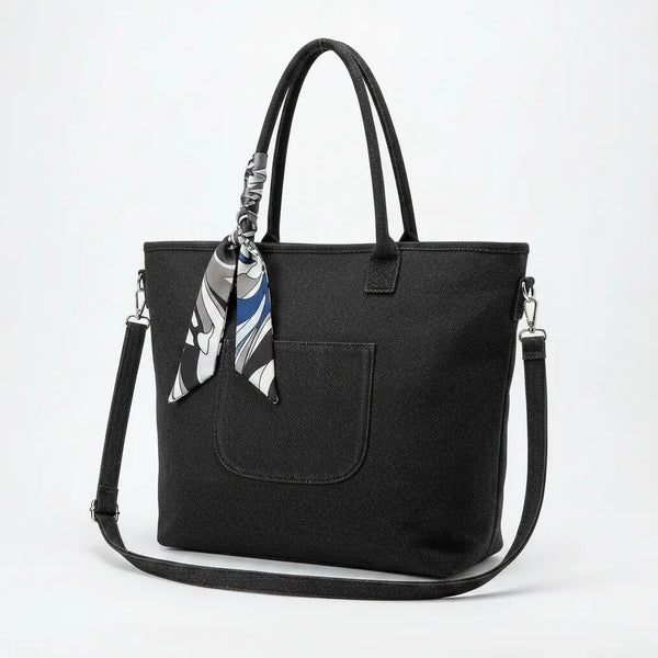 Valerya - Borsa Shopper Grande in Tela Denim Azzurra con Foulard e Tracolla