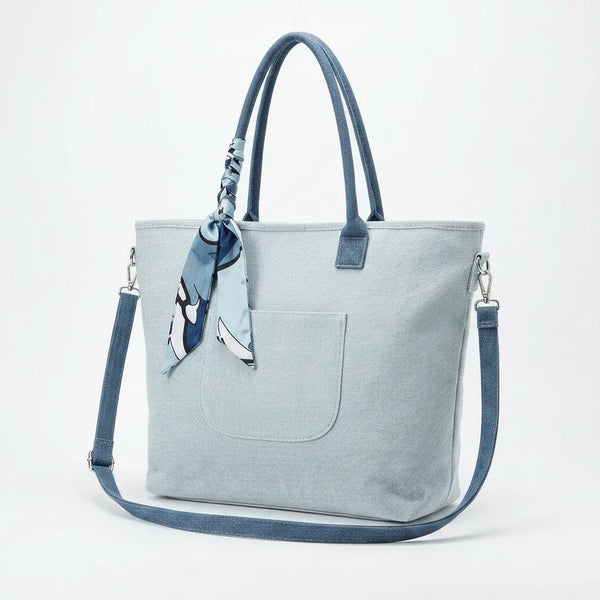 Valerya - Borsa Shopper Grande in Tela Denim Azzurra con Foulard e Tracolla
