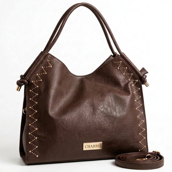 CHARRO - Borsa a Spalla Donna simil Pelle sacco borchie borchiata manici con nodo