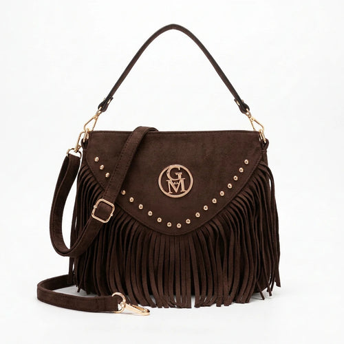 Corrida - Borsa piccola borsetta frange piccola unica tinta simil pelle camoscio scamosciata frange