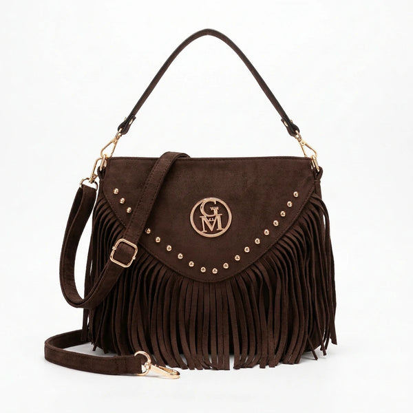 Corrida - Borsa piccola borsetta frange piccola unica tinta simil pelle camoscio scamosciata frange
