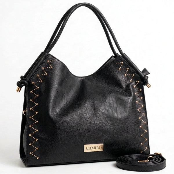 CHARRO - Borsa a Spalla Donna simil Pelle sacco borchie borchiata manici con nodo