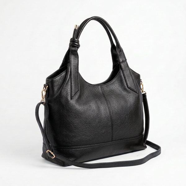Borsa donna arrotondata con manici intrecciati e tracolla con nodo
