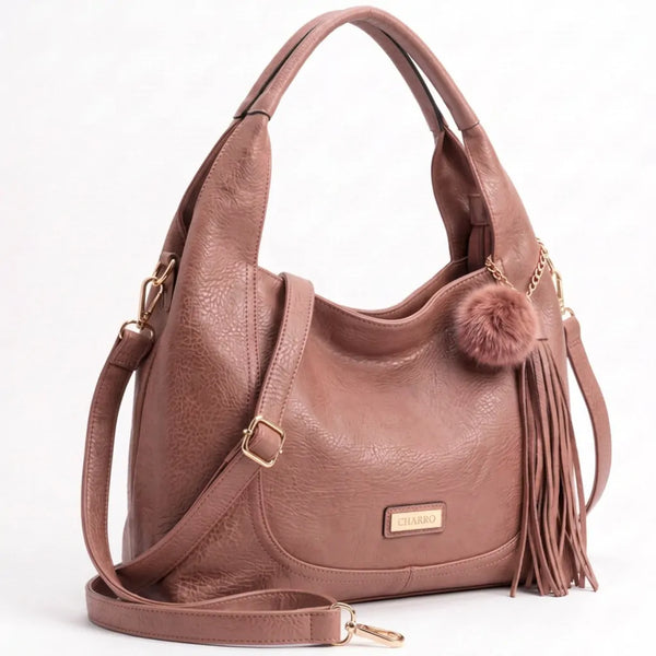CHARRO - Borsa a Spalla Donna simil Pelle sacco con pon pon con tracolla capiente