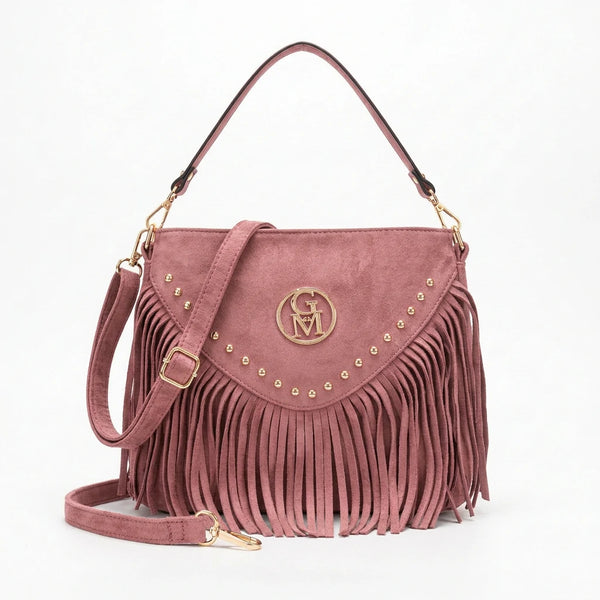Corrida - Borsa piccola borsetta frange piccola unica tinta simil pelle camoscio scamosciata frange