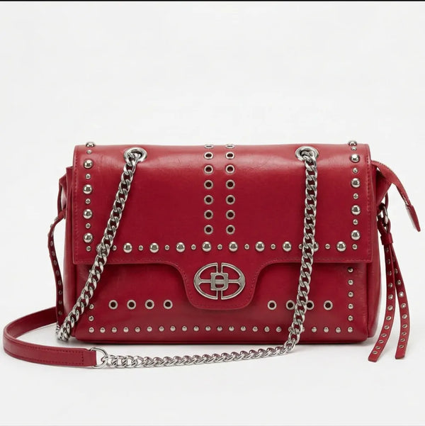 L'Ammucciata -Borsa borsetta pattina borchie sportiva Tracolla in simil pelle venata catena borchiata sportiva