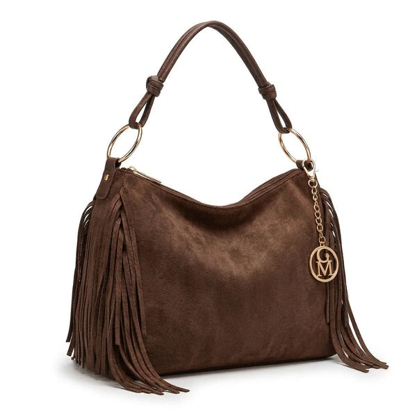 Carmela - Borsa mono manico frange piccola unica tinta simil pelle camoscio scamosciata frange