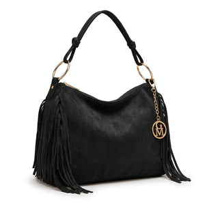 Carmela - Borsa mono manico frange piccola unica tinta simil pelle camoscio scamosciata frange