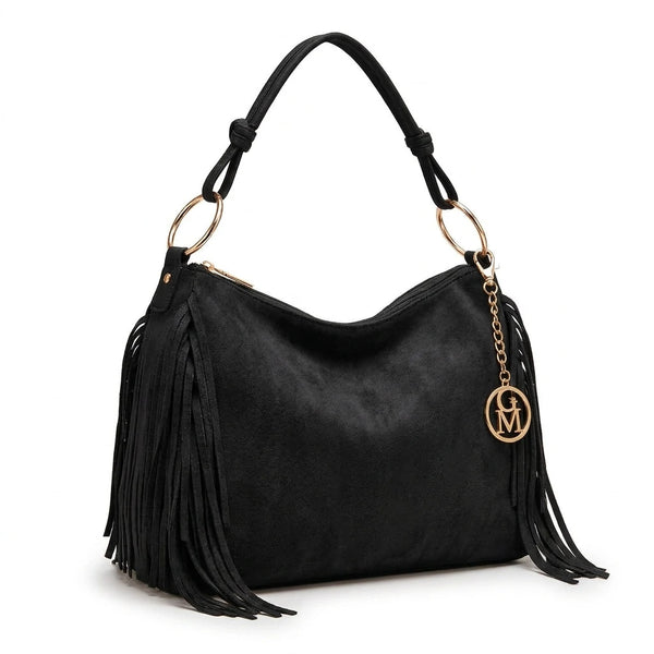 Carmela - Borsa mono manico frange piccola unica tinta simil pelle camoscio scamosciata frange