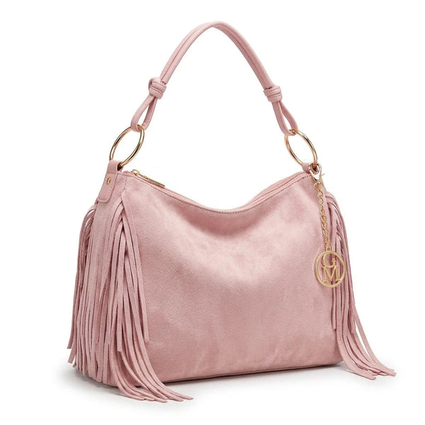 Carmela - Borsa mono manico frange piccola unica tinta simil pelle camoscio scamosciata frange