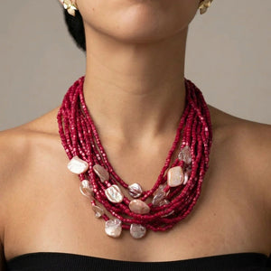 Corallo Rosa - Collana Multifilo Vistosa Rosa Corallo con Grandi Perle Barocche