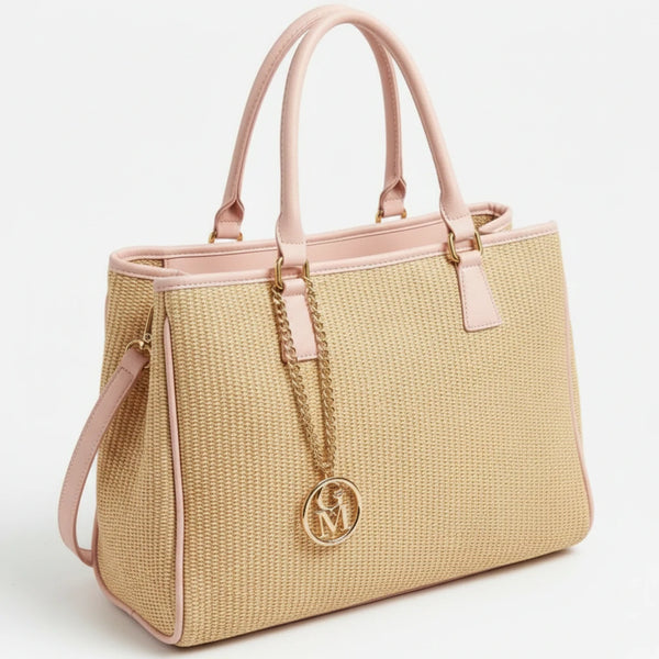 Luna - Borsa shopping spalla paglia effetto raffia sintetica intrecciata simil pelle grande tracolla
