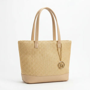 Ambra - Borsa shopping spalla paglia effetto raffia sintetica intrecciata simil pelle grande