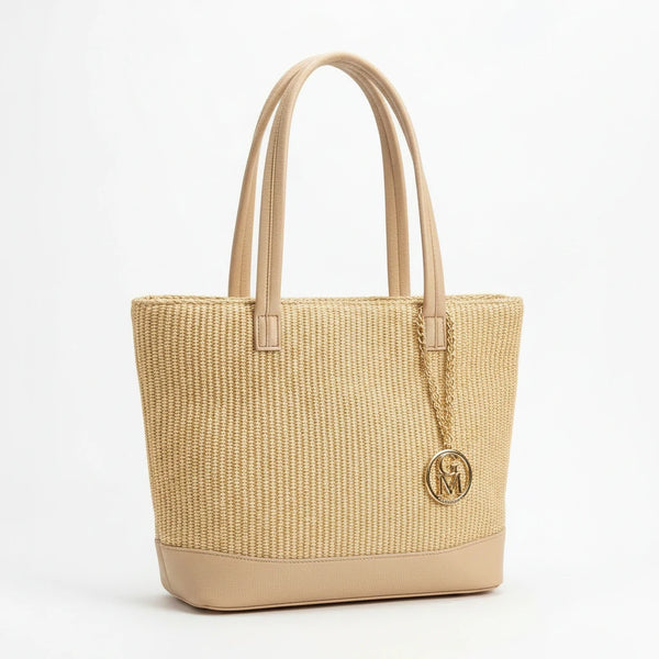 Ambra - Borsa shopping spalla paglia effetto raffia sintetica intrecciata simil pelle grande