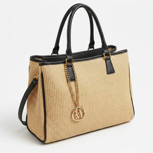 Luna - Borsa shopping spalla paglia effetto raffia sintetica intrecciata simil pelle grande tracolla