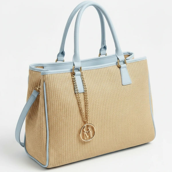 Luna - Borsa shopping spalla paglia effetto raffia sintetica intrecciata simil pelle grande tracolla