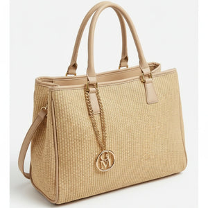 Luna - Borsa shopping spalla paglia effetto raffia sintetica intrecciata simil pelle grande tracolla