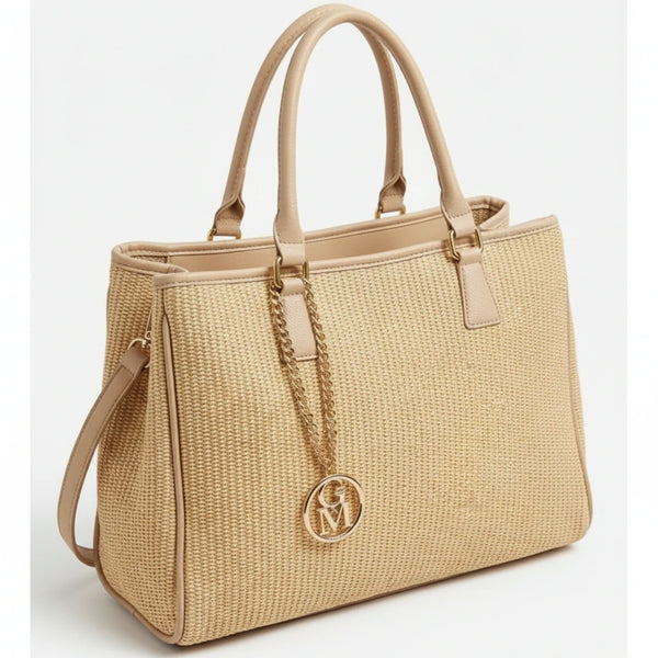 Luna - Borsa shopping spalla paglia effetto raffia sintetica intrecciata simil pelle grande tracolla