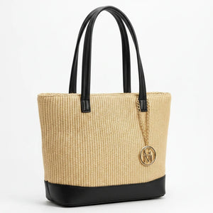Ambra - Borsa shopping spalla paglia effetto raffia sintetica intrecciata simil pelle grande