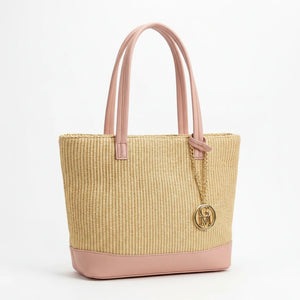 Ambra - Borsa shopping spalla paglia effetto raffia sintetica intrecciata simil pelle grande