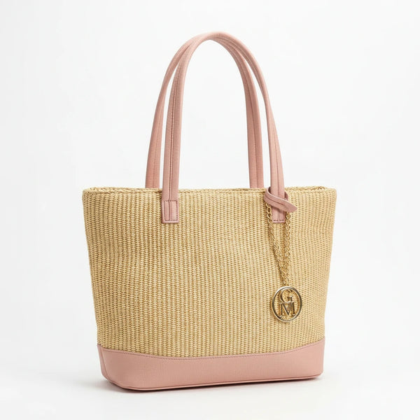 Ambra - Borsa shopping spalla paglia effetto raffia sintetica intrecciata simil pelle grande