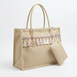 La Nascente - Borsa Shopper in Juta Beige con Nappine Boho e Pochette