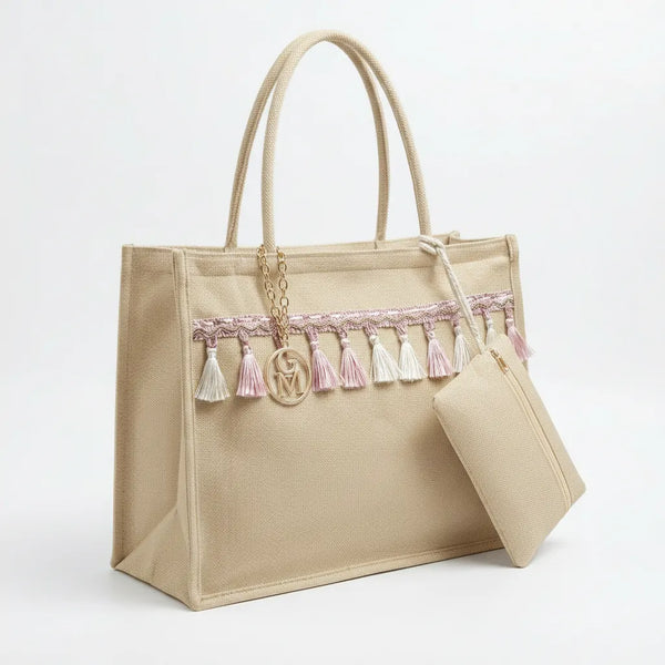La Nascente - Borsa Shopper in Juta Beige con Nappine Boho e Pochette