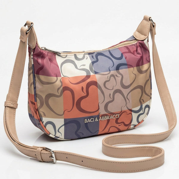Borsa firmata Baci&Abbracci tracolla mezzaluna multitasche fantasia logo impermeabile zip