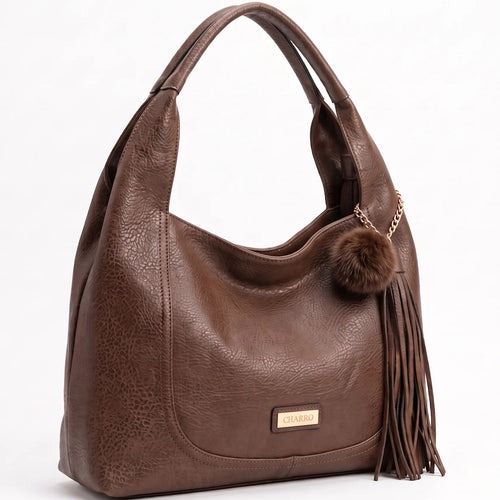 CHARRO - Borsa a Spalla Donna simil Pelle sacco con pon pon con tracolla capiente