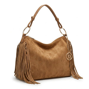 Carmela - Borsa mono manico frange piccola unica tinta simil pelle camoscio scamosciata frange