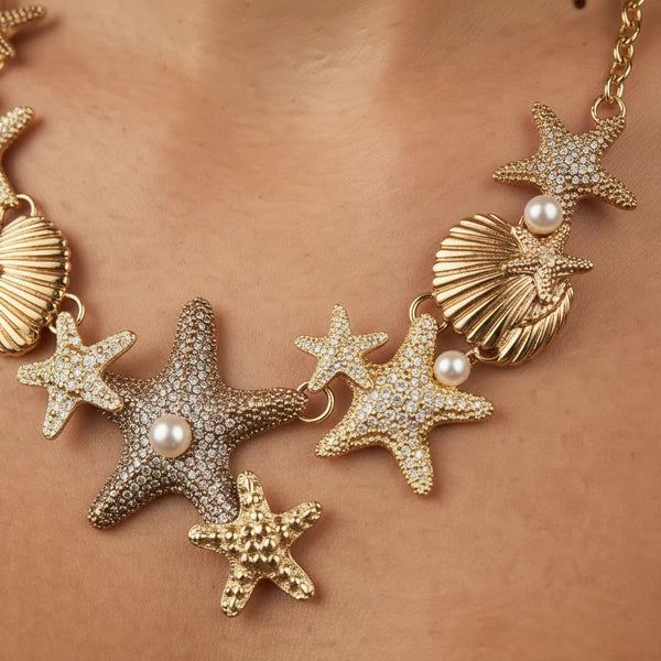 Le Stelle d'oro - set Parure Collana e orecchini abbinati in ottone Mare colore Oro con Ciondoli Stelle Marine, Conchiglie e Perle