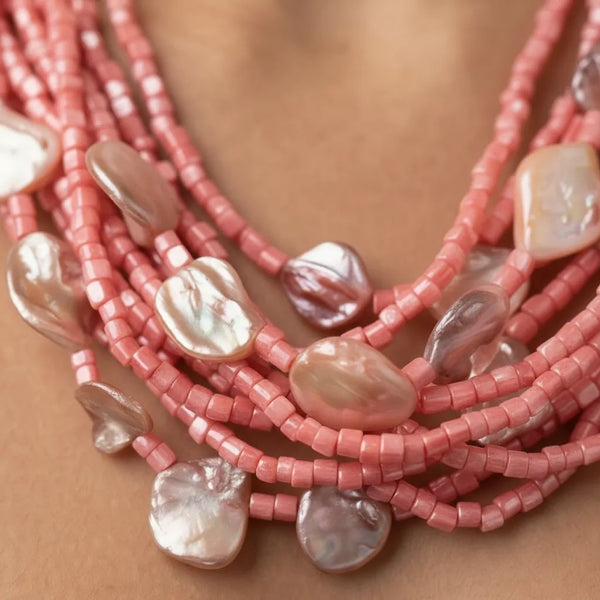 Corallo Rosa - Collana Multifilo Vistosa Rosa Corallo con Grandi Perle Barocche
